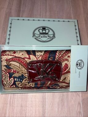 Kathy Van Zeeland Red Paisley Fabric Clutch with Patent Logo Plaque